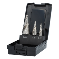 Stappenborenset met spiraal 3-delig HSS splitpoint in cassette (AZ3)