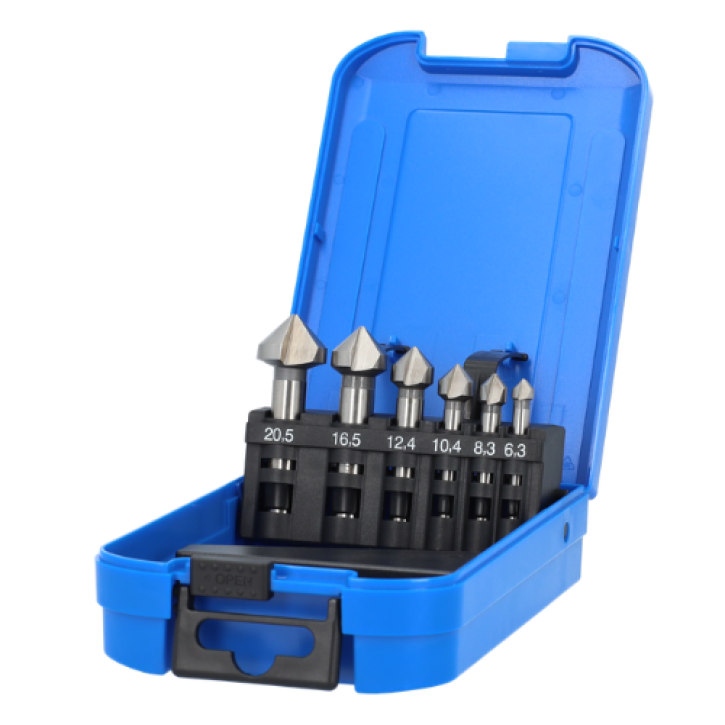 Verzinkborenset 6-delig 90° HSS DIN 335-C in cassette Verzinkborenset 6-delig 90° HSS DIN 335-C in cassette